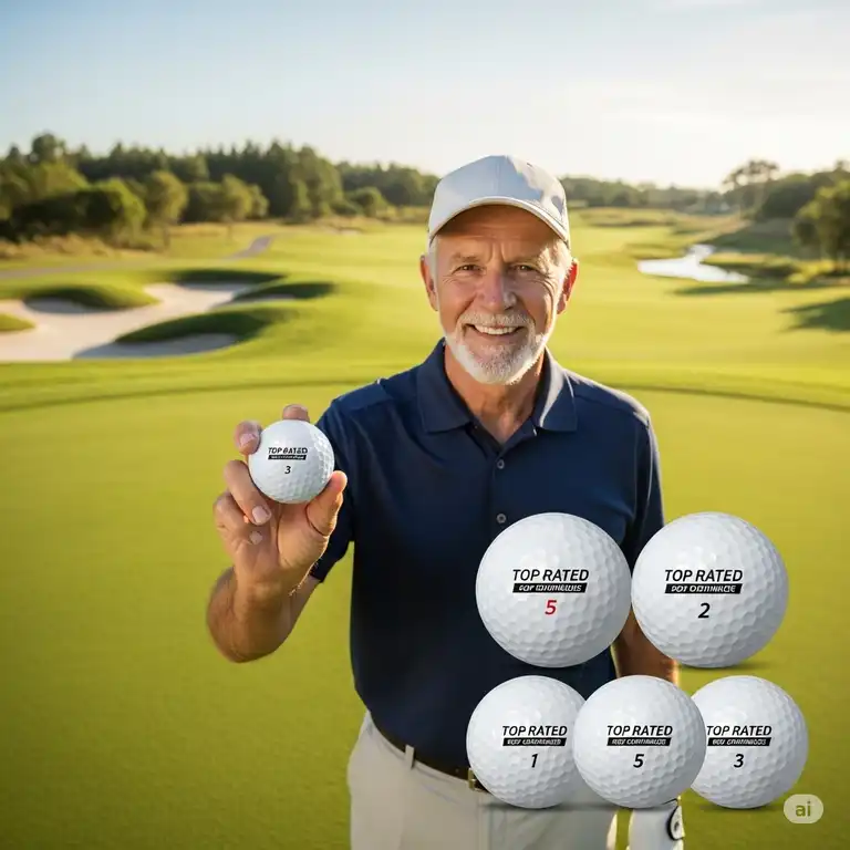"A senior golfer smiling and holding a golf ball on a sunny course, showcasing the best rated golf balls for seniors."