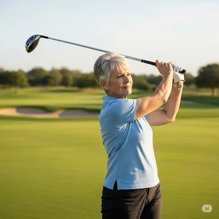 A senior golfer with a confident swing, using a modern, lightweight driver, highlighting the best rated golf clubs for seniors.