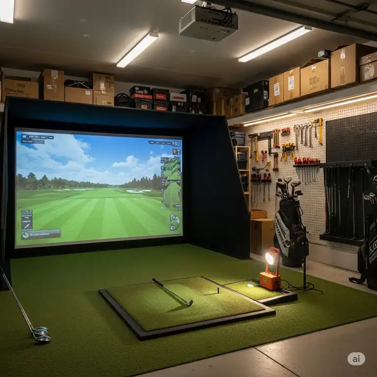 DIY golf simulator enclosure setup in a garage, showcasing a projection screen and hitting mat.