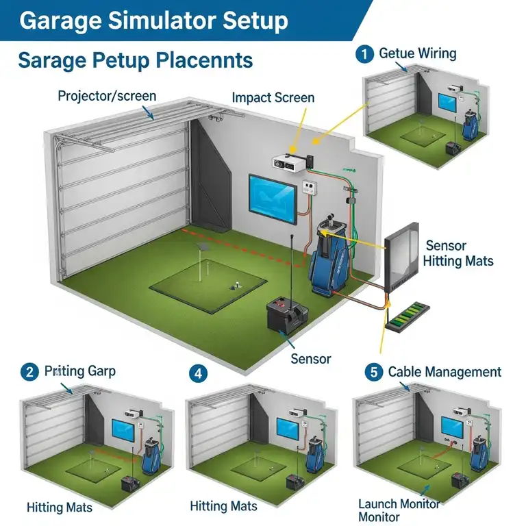 A man enjoying a realistic golf simulation in his home garage with a complete garage golf simulator setup, featuring a large screen and launch monitor.