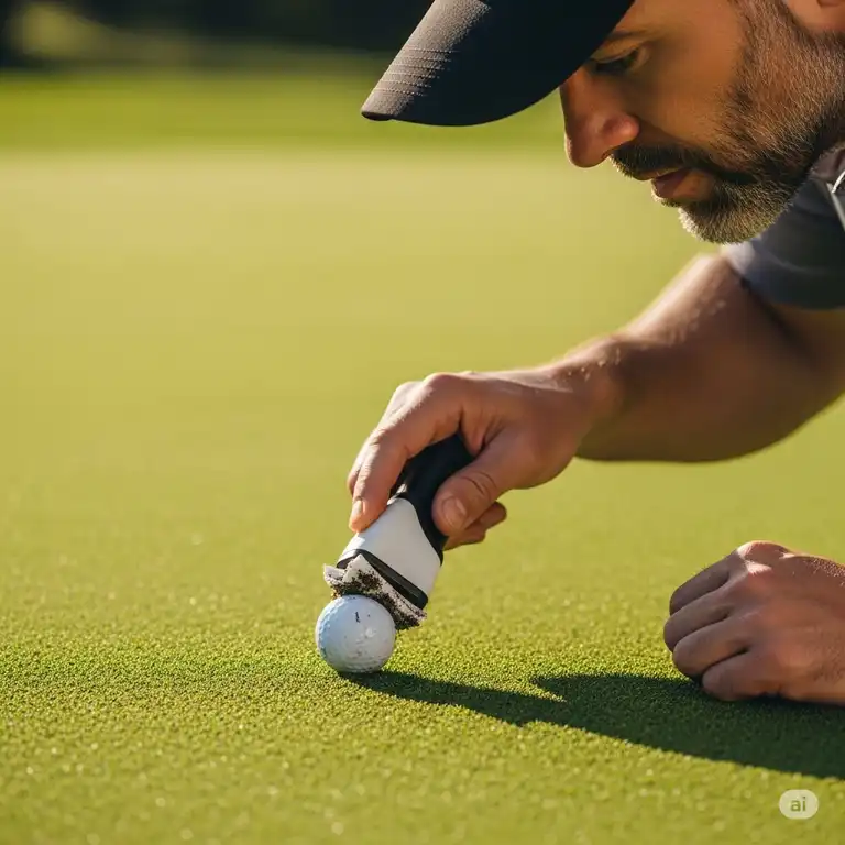 A close-up of a golfer using a portable golf ball cleaner to wipe dirt off a white golf ball on a green golf course.