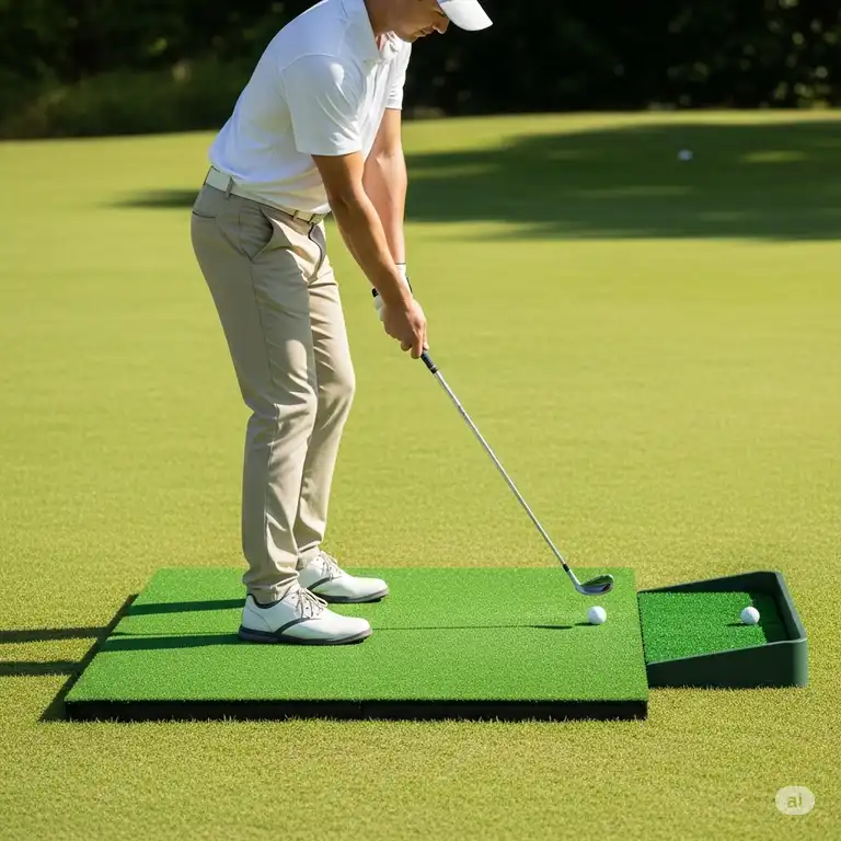 Golfer practicing short game shots on a durable golf chipping mat, ideal for indoor or outdoor use.