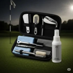 A complete golf club cleaning kit with brushes, towels, and cleaning solution, ready to restore shine and performance to golf clubs on the green.