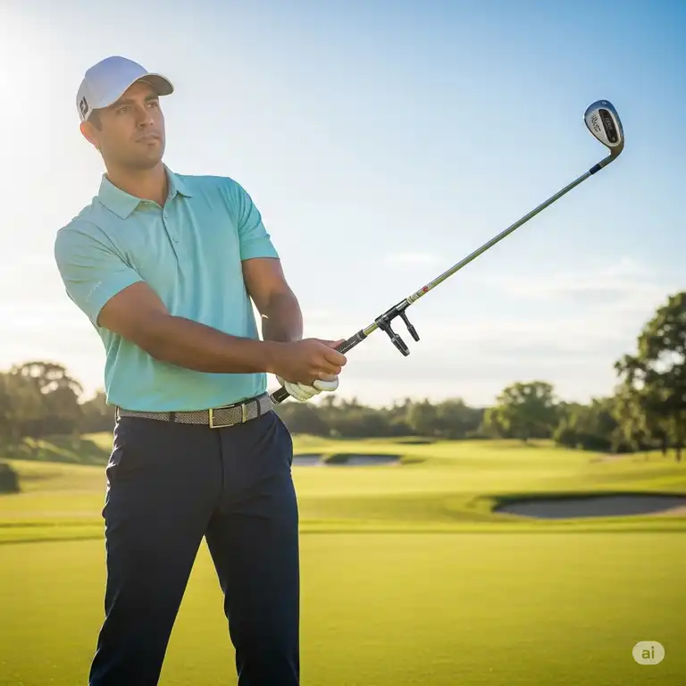 "A golfer holding a golf club with a newly installed golf club shaft extension, showcasing improved grip and posture."