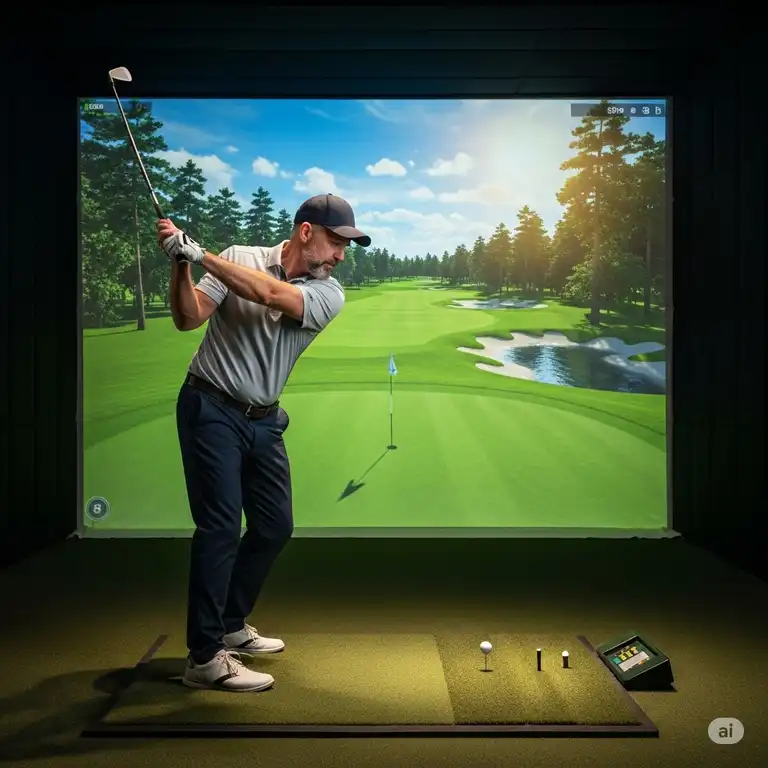 A golfer swinging a club towards a high-definition golf impact screen displaying a realistic virtual golf course, perfect for home golf simulators.