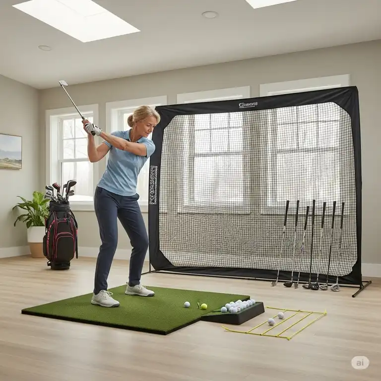 A golfer practicing their swing indoors with a net, showcasing a complete home golf practice setup.