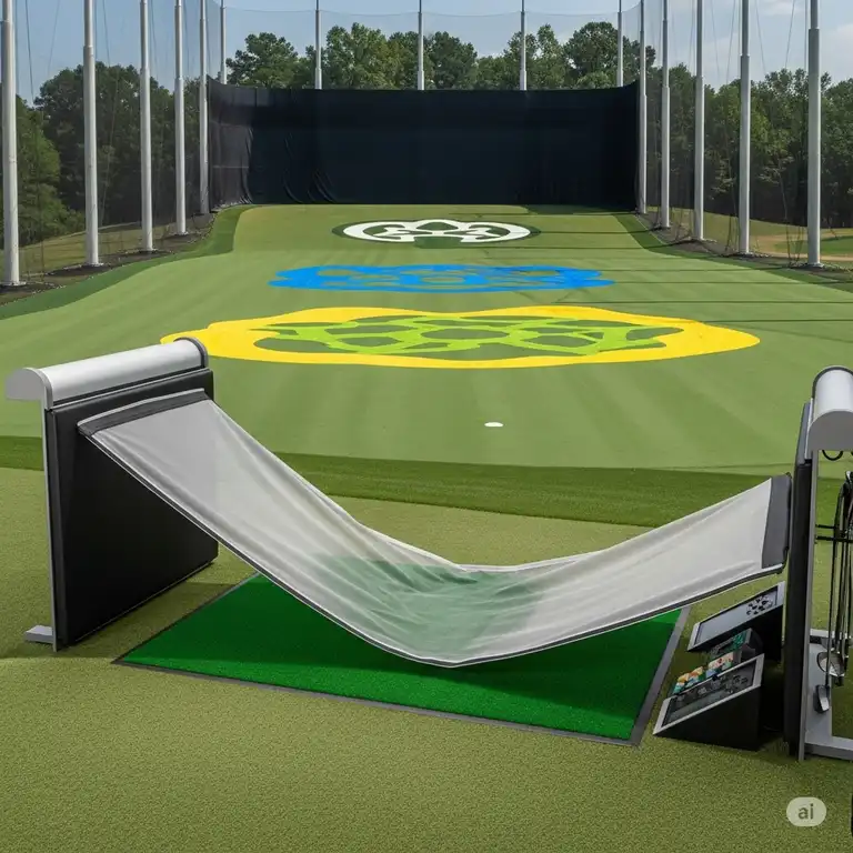Featured image of a golf simulator setup clearly showing golf simulator baffles sagging, indicating a need for adjustment or repair.
