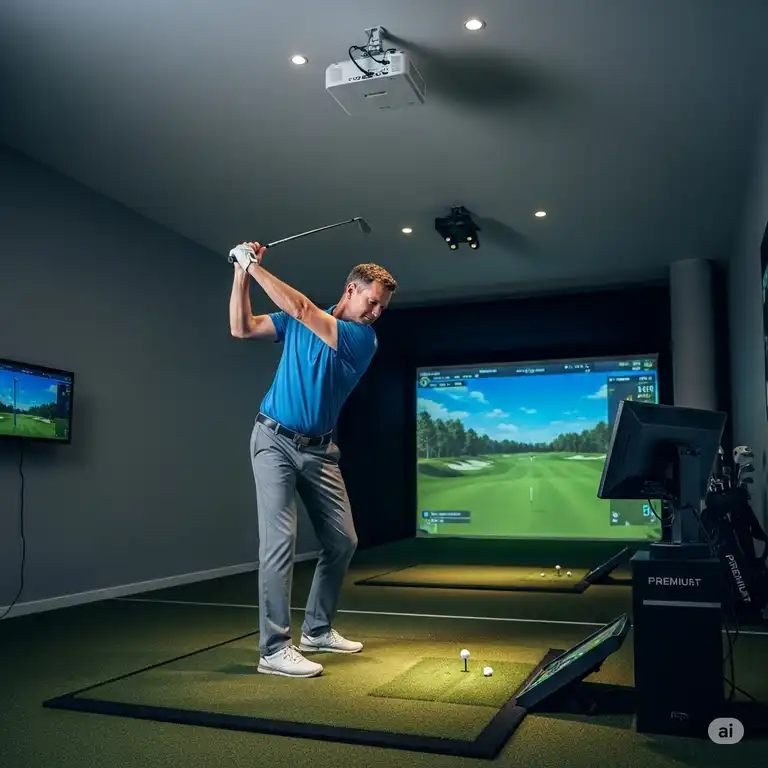 "A golfer swinging in a home golf simulator, showcasing the importance of adequate ceiling height for a golf simulator for a comfortable and safe practice experience."