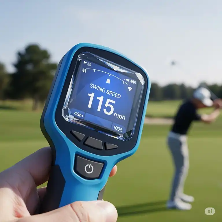 Golfer using a golf swing speed radar to measure clubhead speed and improve performance on the driving range.