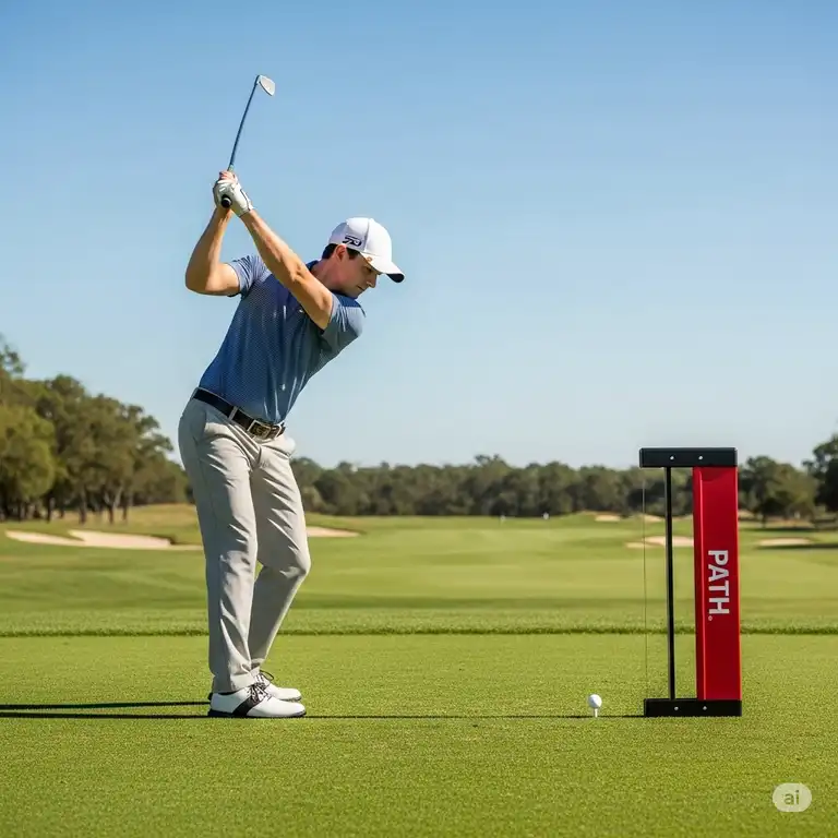 A golfer using a path golf swing trainer to improve their clubhead path and achieve a more consistent swing.