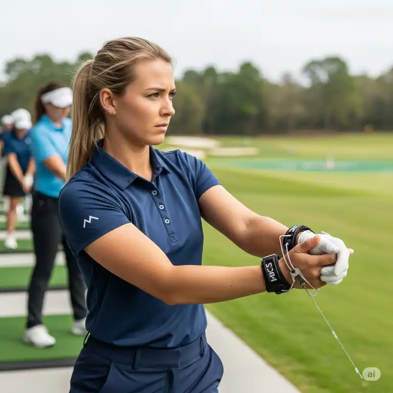 Golfer demonstrating proper wrist position with a golf wrist trainer during practice, showing improved swing mechanics.