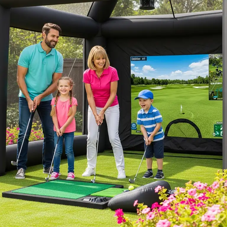A family enjoys a round of golf in their backyard using a large, high-quality inflatable golf simulator, showcasing its easy setup and immersive experience.