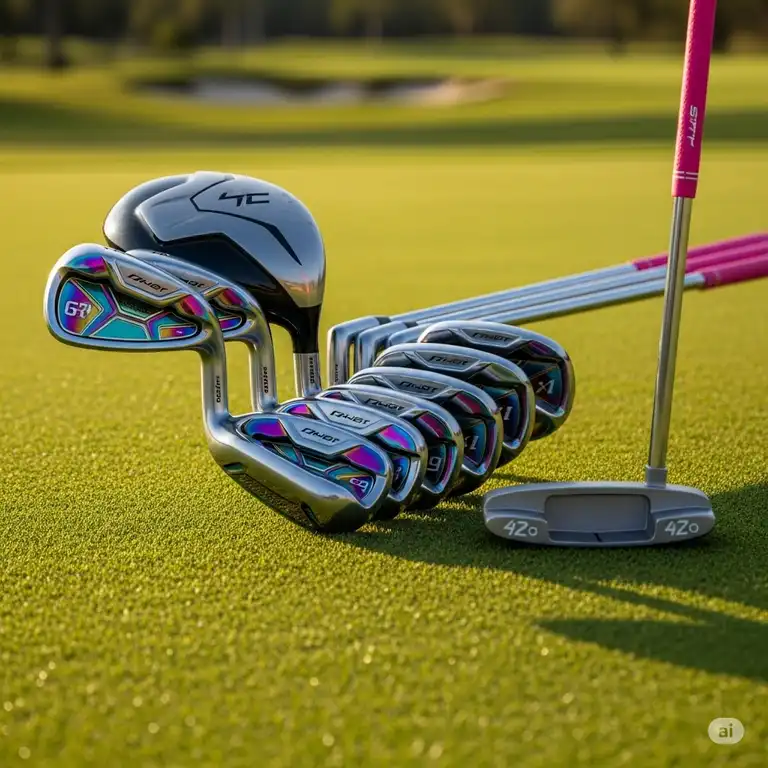 "A set of stylish left handed womens golf clubs, including a driver, irons, and putter, ready for the course."