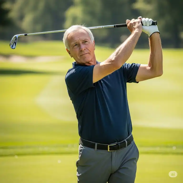 A senior male golfer with a determined expression, mid-swing, using a modern, best rated golf irons for seniors on a sunny course, highlighting the performance benefits for seniors.