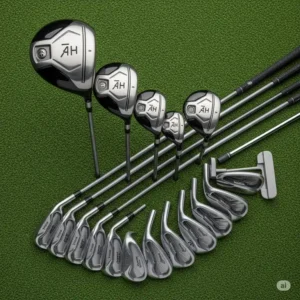 An overhead view of a complete golf club set, including a driver, fairway woods, irons, and a putter, ideal for seniors looking for the **best golf club sets for seniors**.