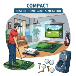 An illustration of a compact, affordable golf simulator system set up in a smaller home space, emphasizing cost-effectiveness for the best in home golf simulator.
