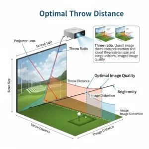 Diagram illustrating optimal throw distance for a golf simulator projector, highlighting how to achieve the ideal screen size and image quality for the best projector for golf simulator.