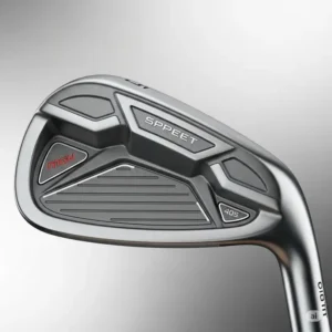 Close-up of a wide-sole, perimeter-weighted golf iron clubhead, showcasing design features that provide maximum forgiveness for best rated golf irons for seniors.