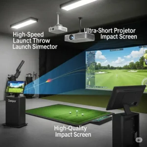 Diagram illustrating the step-by-step setup process for a garage golf simulator, showing placement of components.
