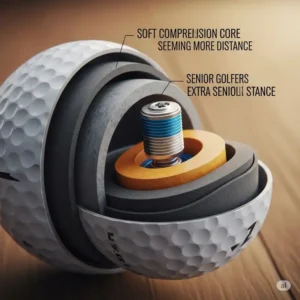 "Close-up of a golf ball's multi-layer construction, illustrating the soft compression core ideal for senior golfers seeking more distance, found in best rated golf balls for seniors."