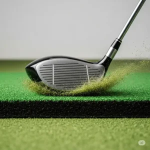 "A close-up of a golf club making contact with a best golf hitting mat, demonstrating its effectiveness for practicing swings."