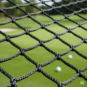 Close-up of heavy-duty netting on a golf net and mat, showcasing the quality construction designed for stopping powerful golf shots.