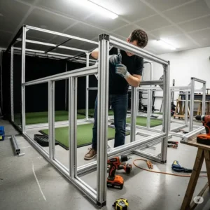 Assembling the aluminum frame for a DIY golf simulator enclosure.