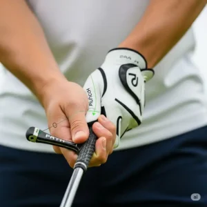 Close-up of a golfer's hands on a golf club, guided by a path golf swing trainer for improved wrist hinge.