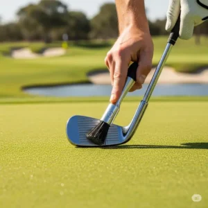 A golfer using a specialized brush to clean grooves on an iron golf club, removing dirt and debris for improved ball contact with a golf club cleaner.