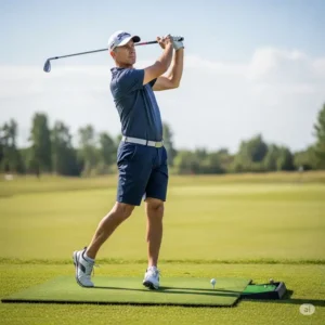 Golfer in mid-swing, demonstrating proper form with a 2 iron golf club on the driving range.