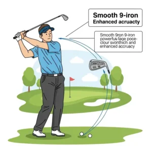 Illustration of a golfer demonstrating a smooth swing with a 9 iron golf club for improved accuracy.