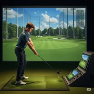Golfer practicing their swing with a high-accuracy launch monitor in one of the top rated golf simulators.
