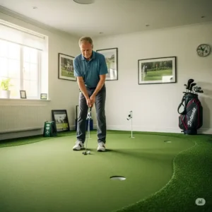 An illustration of a person honing their putting skills on an indoor golf putting green at home golf practice.