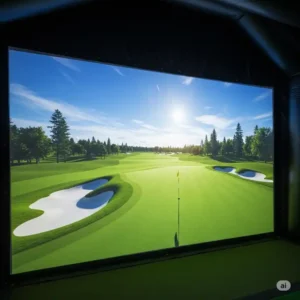 Detailed view of the durable projection screen within an inflatable golf simulator, displaying a realistic virtual golf course.