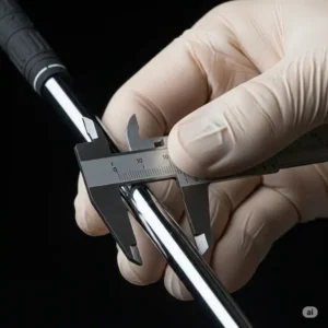 "Close-up of a hand measuring a golf club shaft, preparing for a precise golf club shaft extension to customize fit."