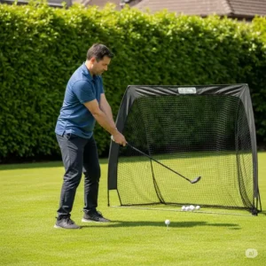An illustration depicting someone using a golf hitting net in their backyard for effective at-home golf practice.