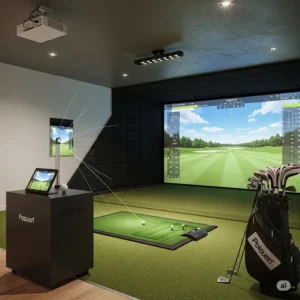 An indoor golf simulator setup featuring a high-performance best launch monitors for golf accurately tracking ball flight into a projection screen, perfect for home use.
