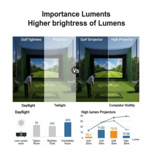 Infographic explaining the importance of lumens for a golf simulator projector, demonstrating how higher brightness improves visibility in various lighting conditions for the best projector for golf simulator.