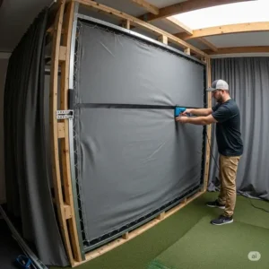 Installing the impact screen for a homemade golf simulator enclosure.