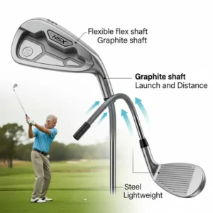A detailed illustration of a golf iron with a flexible graphite shaft, emphasizing how it aids slower swing speeds common in senior golfers for better distance and launch with best rated golf irons for seniors.