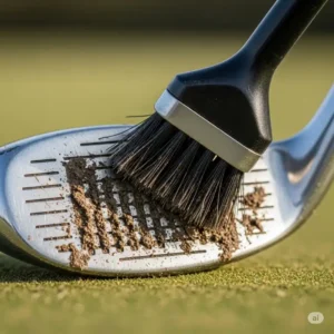 A close-up of a golf club cleaner tool effectively removing packed-in mud from the face of a golf club, essential for maintaining spin.