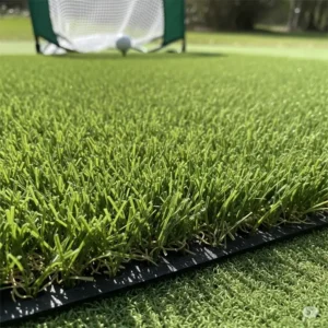 Detailed view of a golf net and mat's realistic turf surface, providing a comfortable and stable hitting area for practicing.