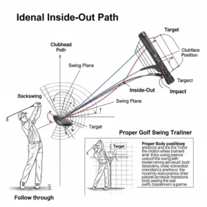 Diagram illustrating the ideal inside-out golf swing path, achievable with a path golf swing trainer.