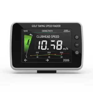 Golfer in mid-downswing motion, with a golf swing speed radar strategically placed behind them to capture data.
