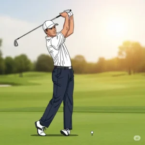 "Illustration of a tall golfer with a golf club of appropriate golf club length by height, demonstrating good posture and swing plane."
