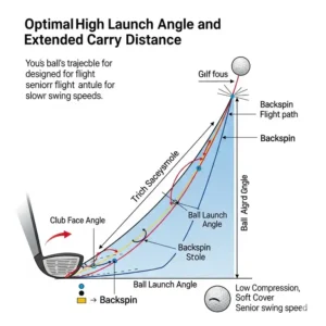 "Diagram showing an optimized high launch angle and long carry, achieved with golf balls best rated for seniors' swing speeds."
