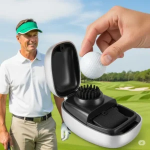 A golfer demonstrating the easy process of inserting a golf ball into a compact golf ball cleaner to remove debris.