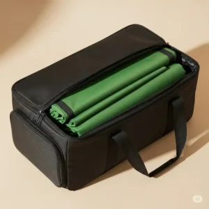 A neatly folded inflatable golf simulator packed into its carrying bag, highlighting its portable and space-saving design for convenient storage.