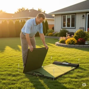 "A person easily setting up portable best golf hitting mats in their backyard, highlighting its convenience for outdoor use."