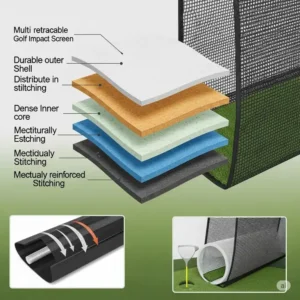 Diagram illustrating the multi-layered, high-impact resistant material of a retractable golf impact screen, emphasizing its longevity and ability to withstand powerful shots.